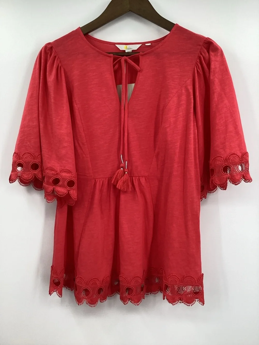 Boden Ayla Jersey Coral Tie-Neck Top with Scalloped Eyelet Trim - Picture 2 of 13